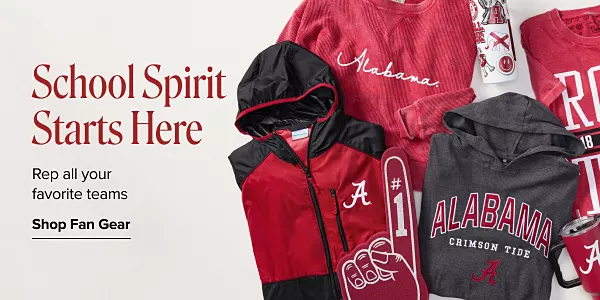 School spirit starts here. Rep all your favorite teams. Shop fan gear. Various pieces of University of Alabama fan gear.