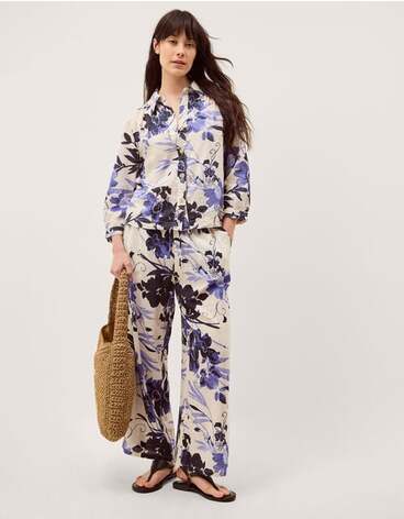 Nicolette Floral Linen Blend Wide Leg Trousers Blue