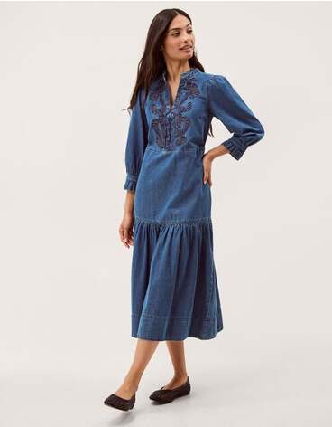 Melissa Embroidered Denim Midi Dress Blue