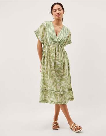Lillie V-Neck Leaf Print Midi Dress Green