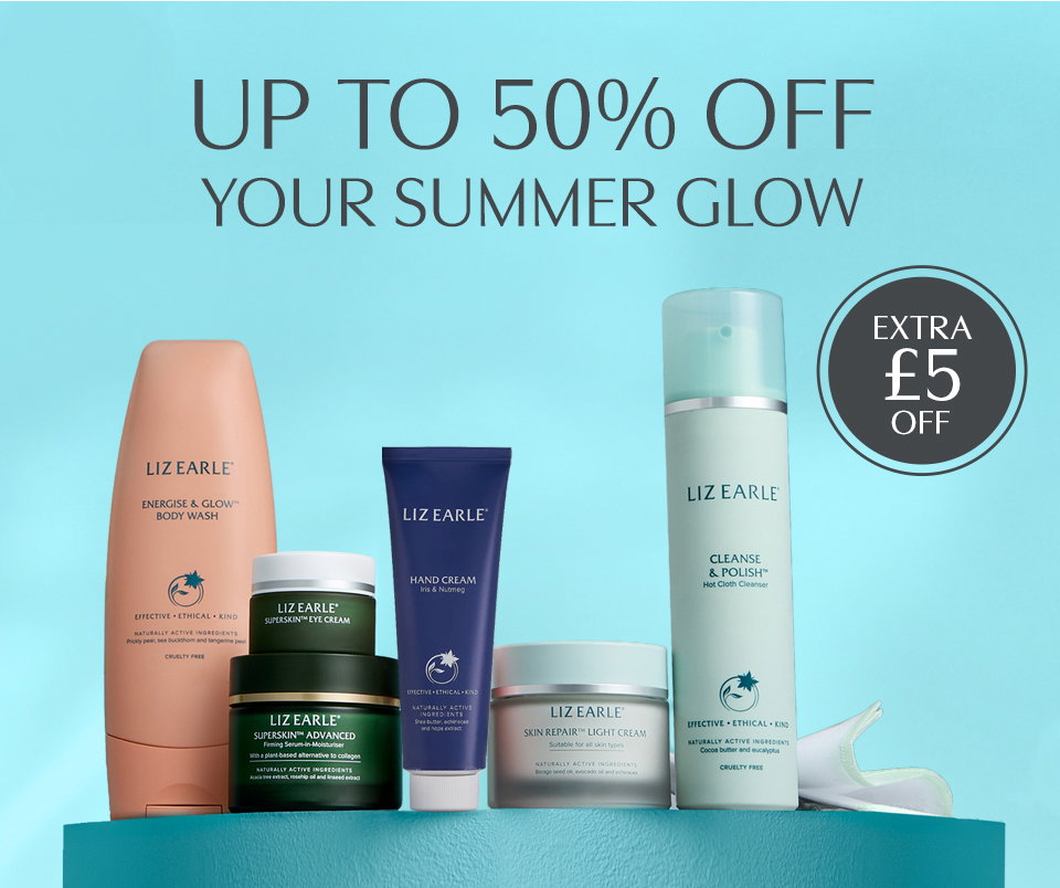 Summer sale! Selection of Liz Earle skincare & bodycare products on a blue plinth. Up to 50% off.