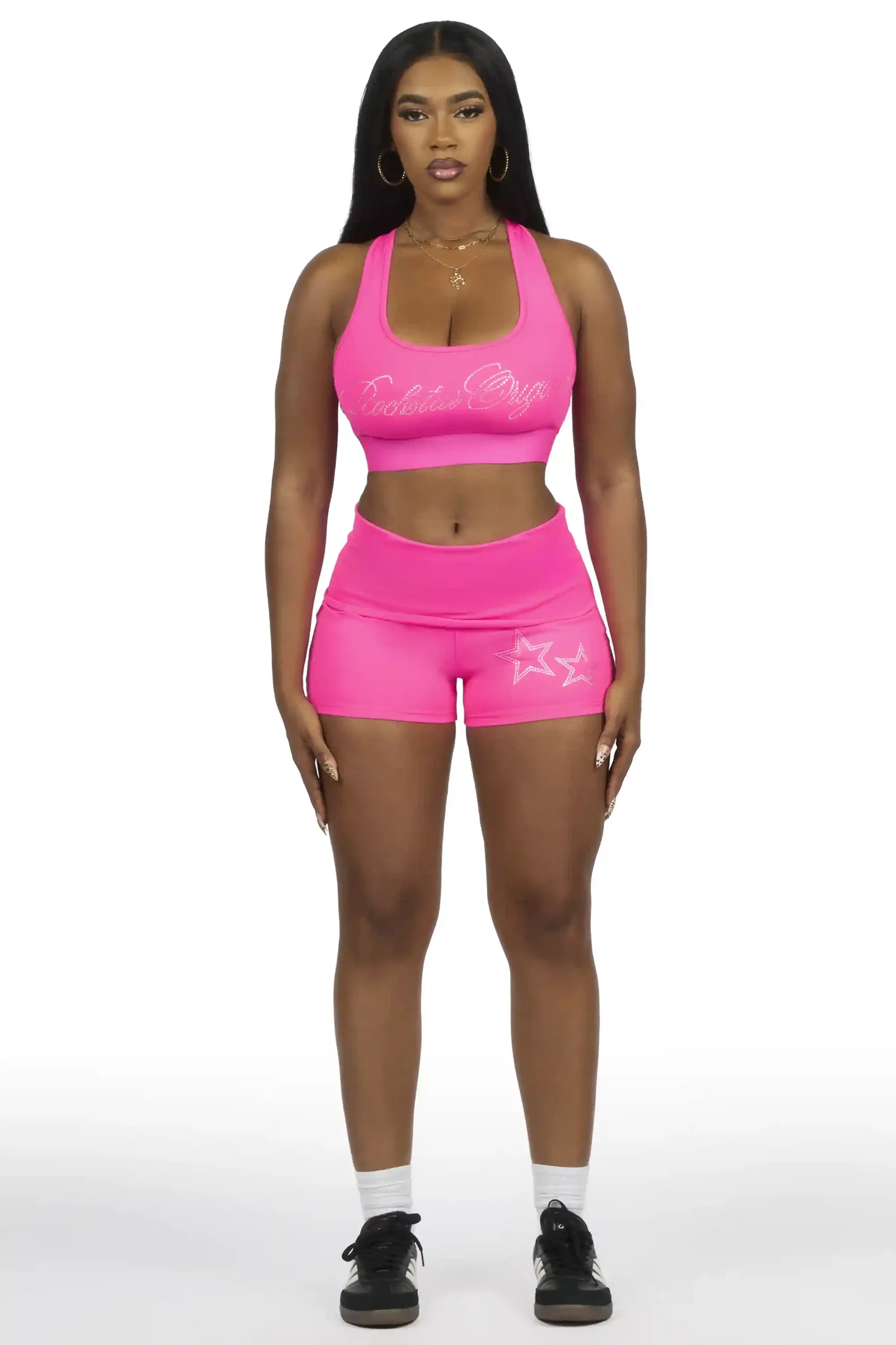 Image of Arieona Hot Pink Rhinestone Sports Bra Foldover Short Set
