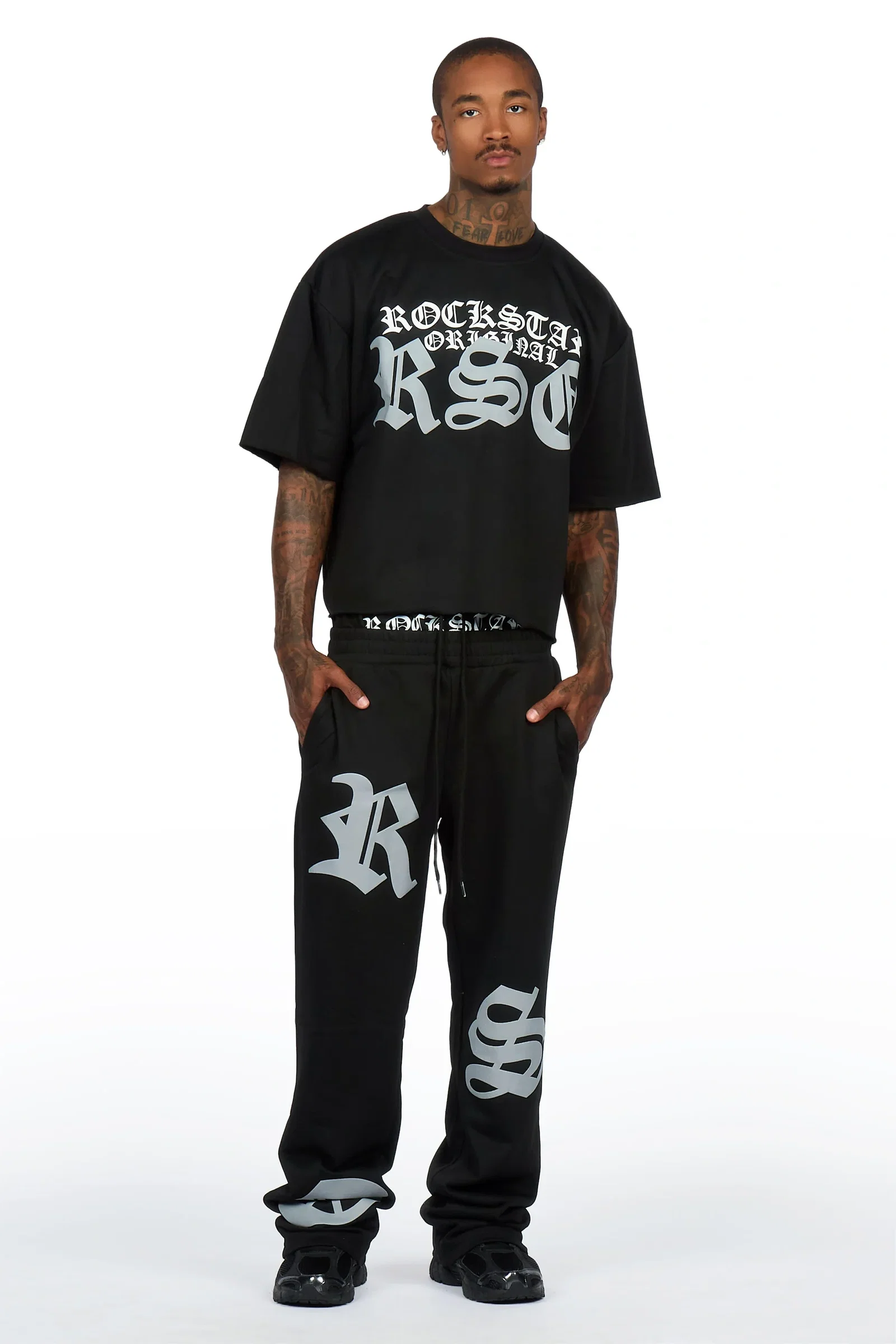 Image of Burke Black Chenille Patch Boxy Tee/Double Waistband Pant Track Set