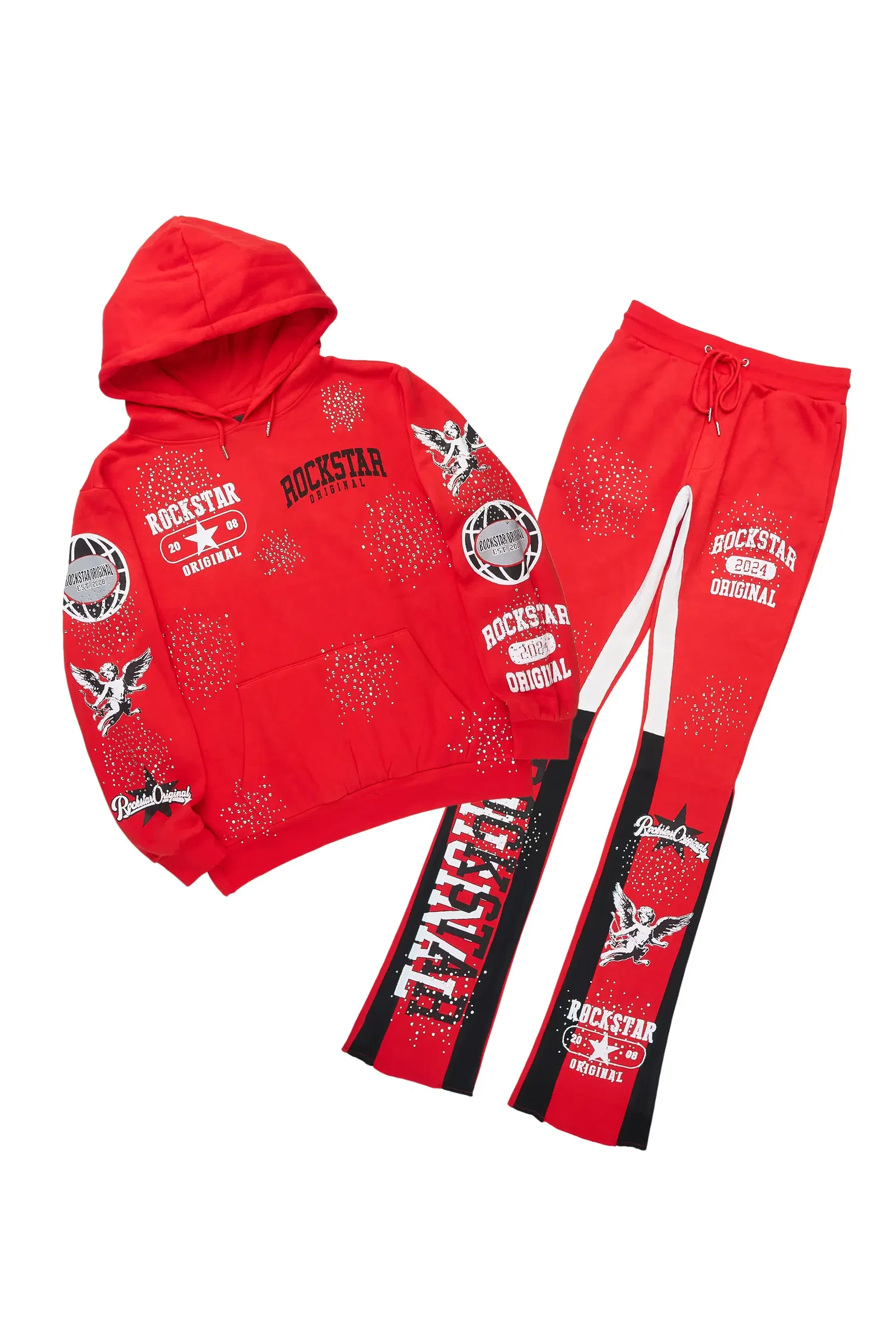 Image of Gutta 2.0 Red Rhinestone Hoodie/Stacked Flare Track Set