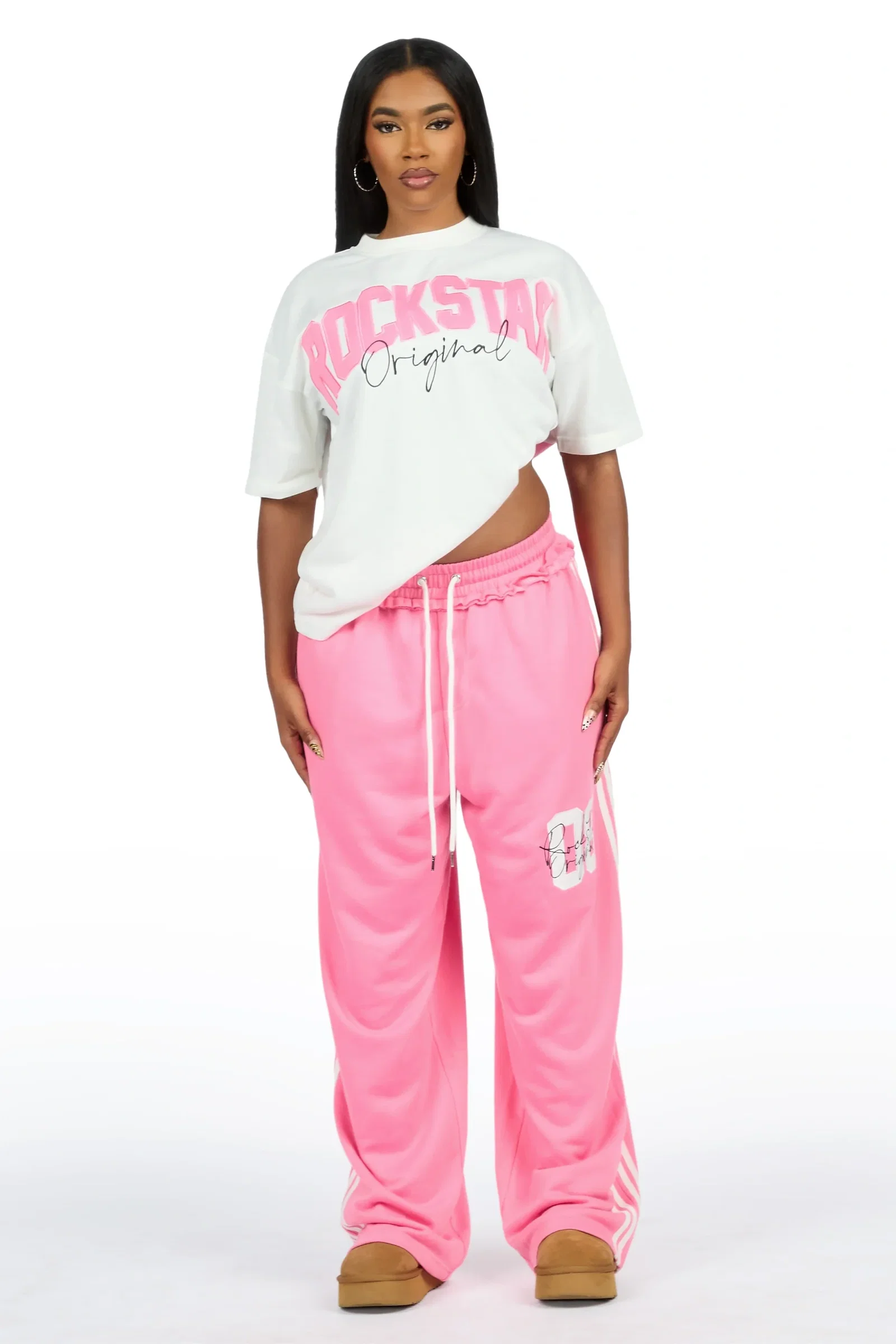 Image of Cheyane White/Pink French Terry Chenille Tee/ French Terry Relaxed Track Set