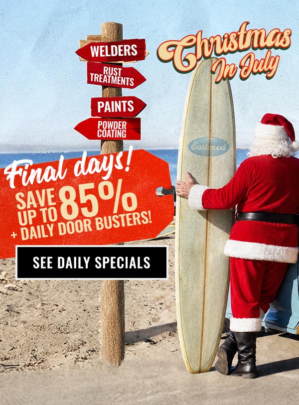Christmas in July sale featuring Santa with a surfboard, offering up to 85% off plus daily door busters on welders, rust treatments, paints and powder coating.