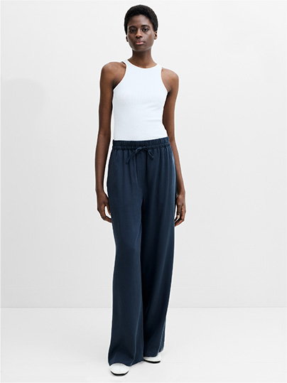Yassie Pull-On Drawstring Navy Blue Barrel Leg Trousers