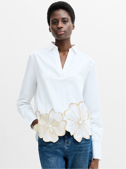Cotton Floral Embroidered Hem White Popover Shirt