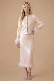 Hen Sequin Feather Trim Midi Skirt