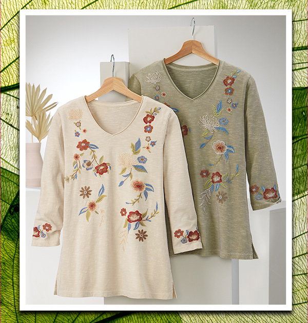 An image promoting glance at the new fall collection, featuring two knit long sleeve tops with floral stitching, a model in a long-sleeved cream blouse, and a shop now button to shop fall styles.