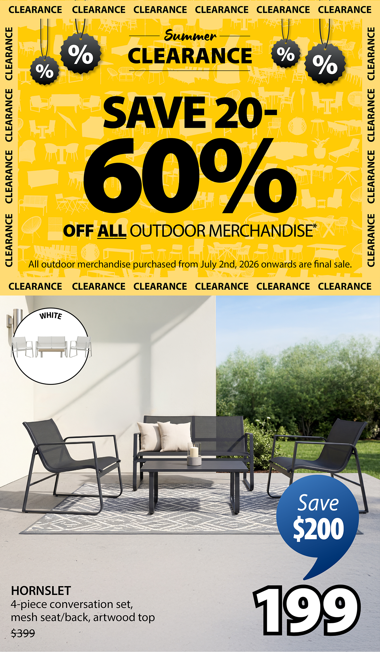 SAVE 20-60% OFF ALL OUTDOOR MERCHANDISE* | HORNSLET Save $200