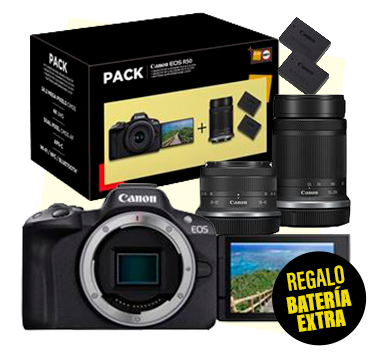 Pack Fnac Cámara EVIL Canon EOS R50 + RF-S 18-45mm f/4.5-6.3 IS STM + RF-S 55-210mm f/5-7.1 IS STM + Batería 