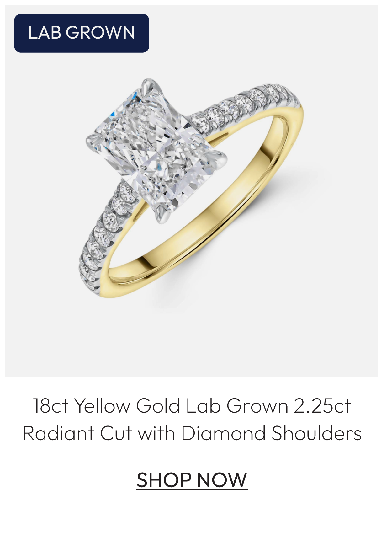 18ct Yellow Gold Lab Grown 2.25ct Radiant Cut Diamond Shoulders Ring