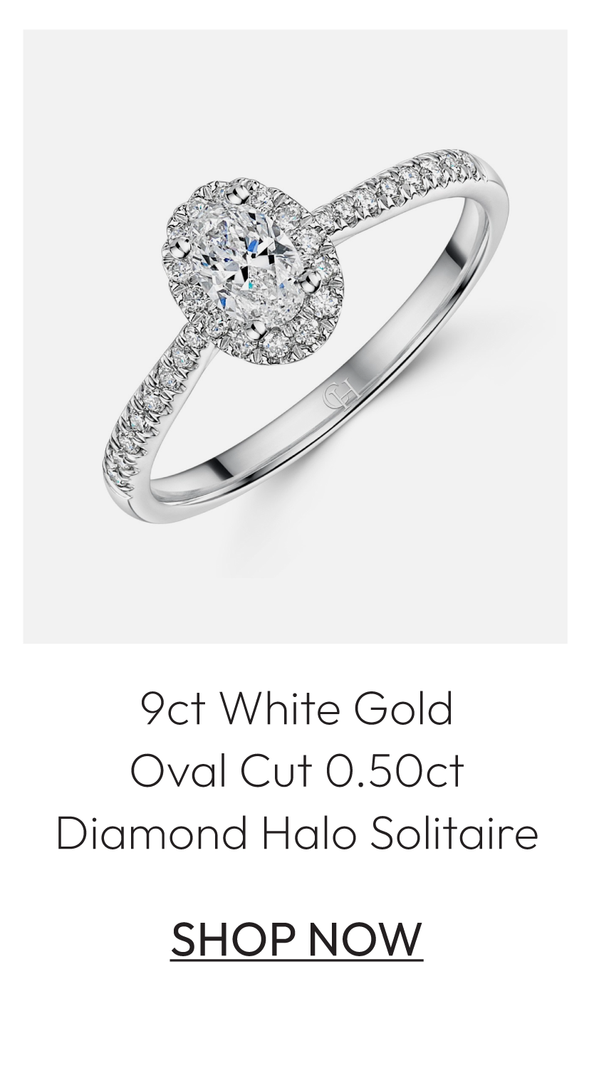 9ct White Gold Oval Cut 0.50ct Diamond Halo Solitaire Ring