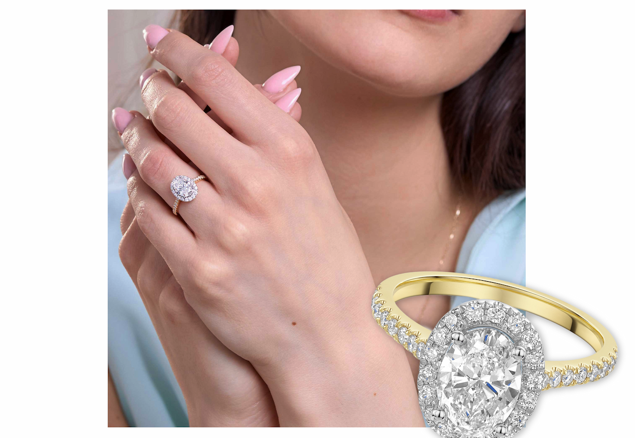 18ct Yellow Gold Oval Cut 1.50ct Lab Grown Diamond Halo Ring with Diamond Shoulders