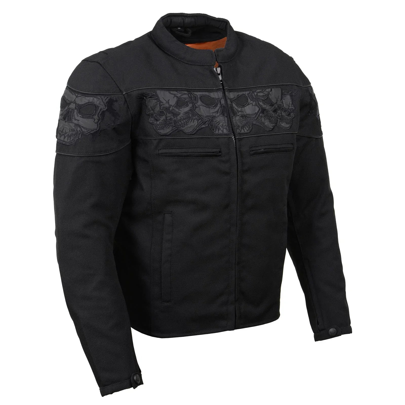 Image of Milwaukee Leather MPM1730 Men's Black Padded Textile All Season Motorcycle Jacket w/ Reflective Skulls Artwork
