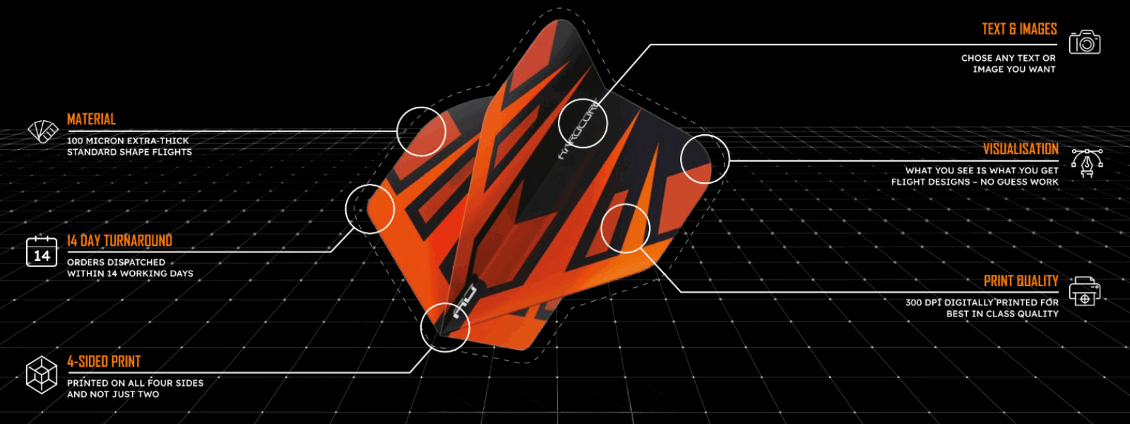 Examples of personalised darts flights created with the Red Dragon Custom Flight Designer