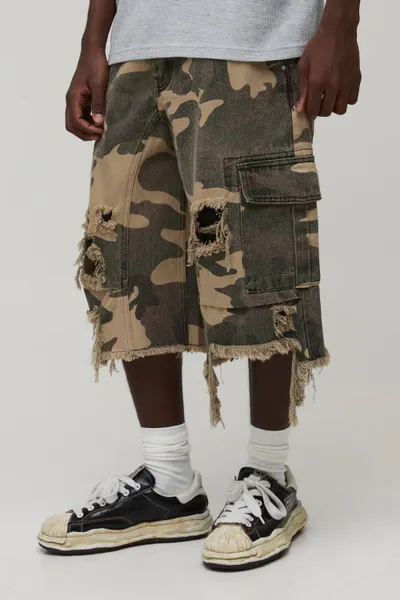 Washed Camo Distressed Denim Jorts
