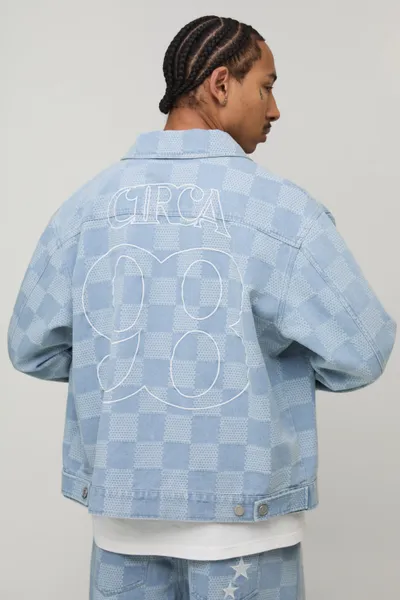 Regular Fit Checkerboard Jacquard Embroidered Denim Jacket
