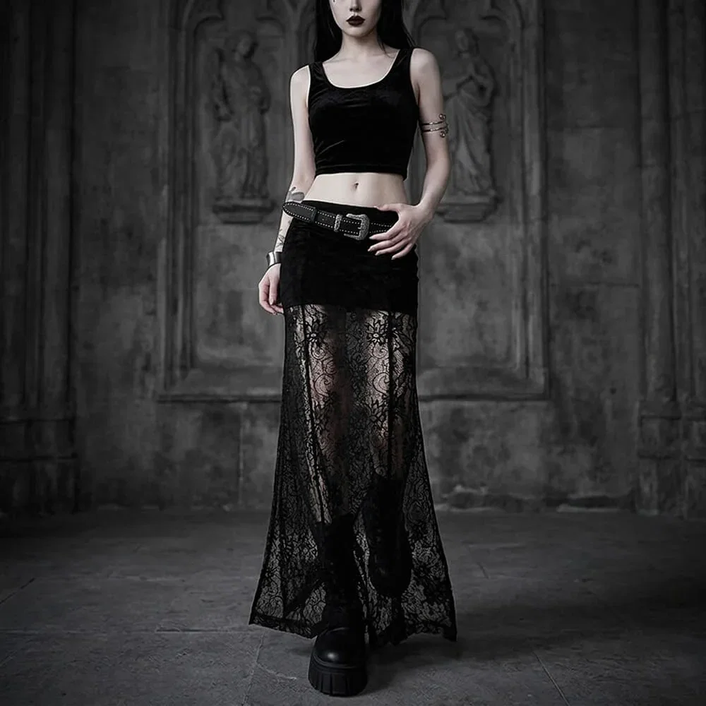 Image of Gothic Black Sheer Lace Side Slit Long Skirt