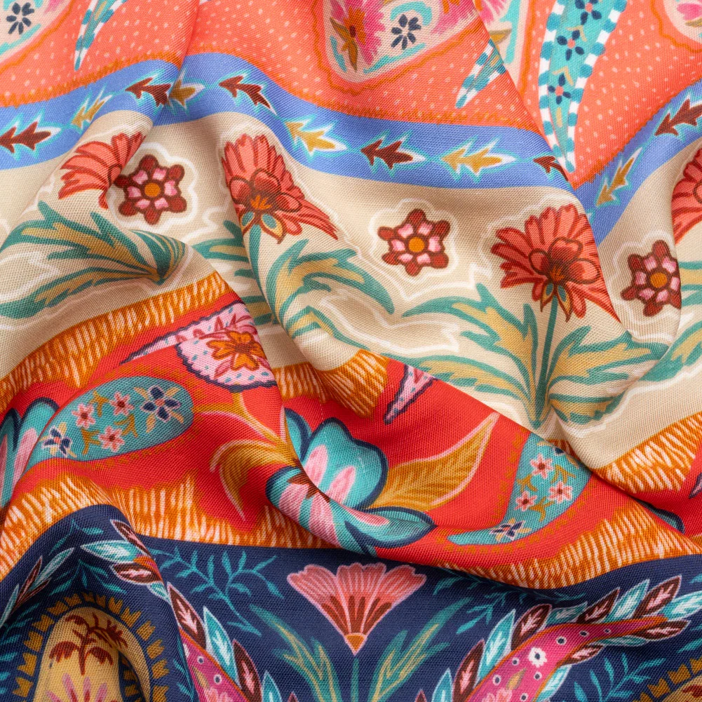 Image of Viscose and Linen Twill Print - Blue and Orange Paisley and Floral Stripes - Mood Exclusive Botanical Bliss