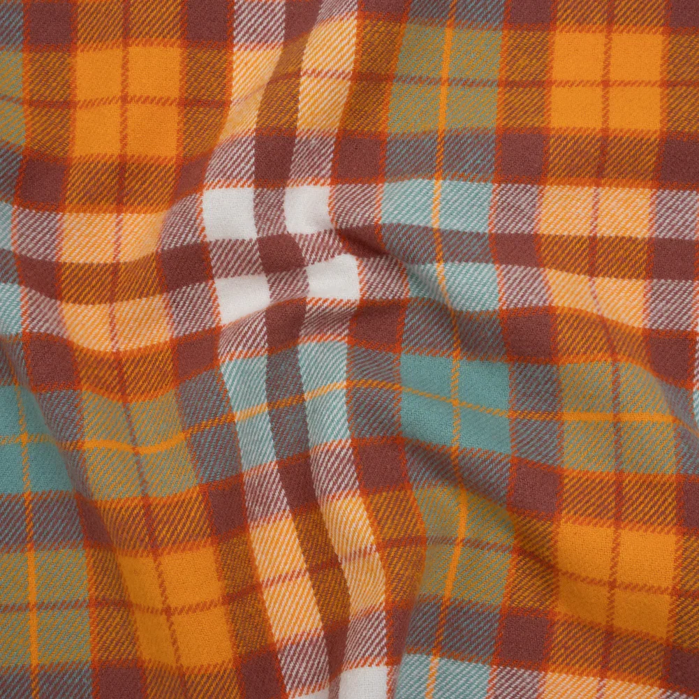 Image of Yarn-Dyed Cotton Twill Flannel - Creamsicle Orange, Sky Blue and Dusty Red Plaid - Deadstock