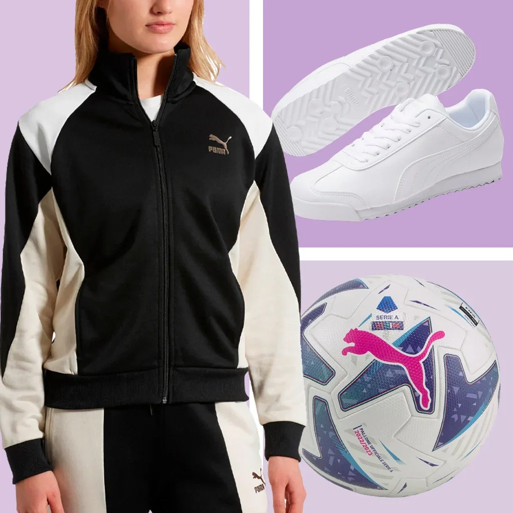 PUMA Performance & Style collection featuring black and white track jacket, white sneakers, and Serie A soccer ball on purple background.