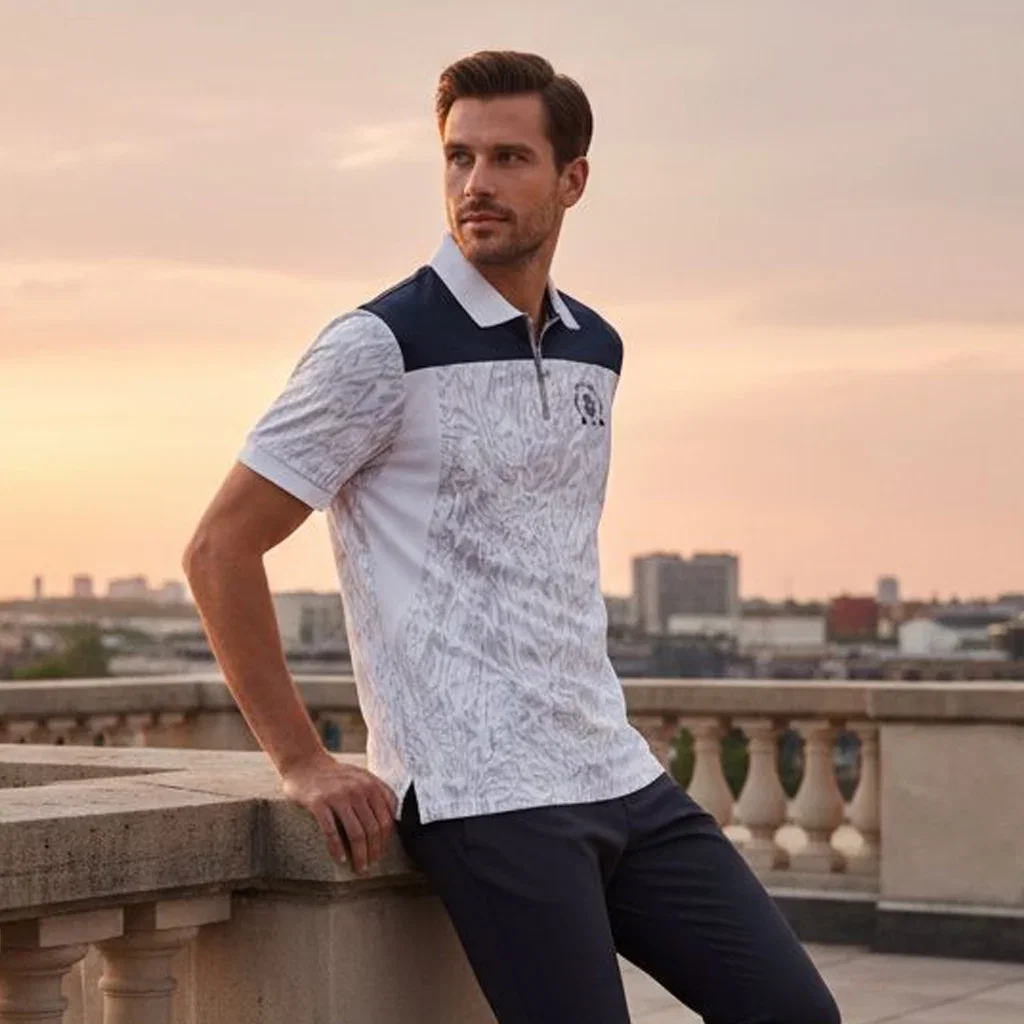 Man wearing white patterned polo shirt with navy collar leaning against rooftop balustrade at sunset.
