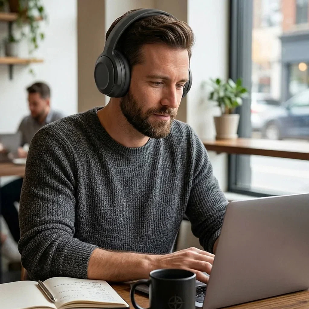 Man wearing black headphones working on laptop at desk with coffee mug and notebook in modern office