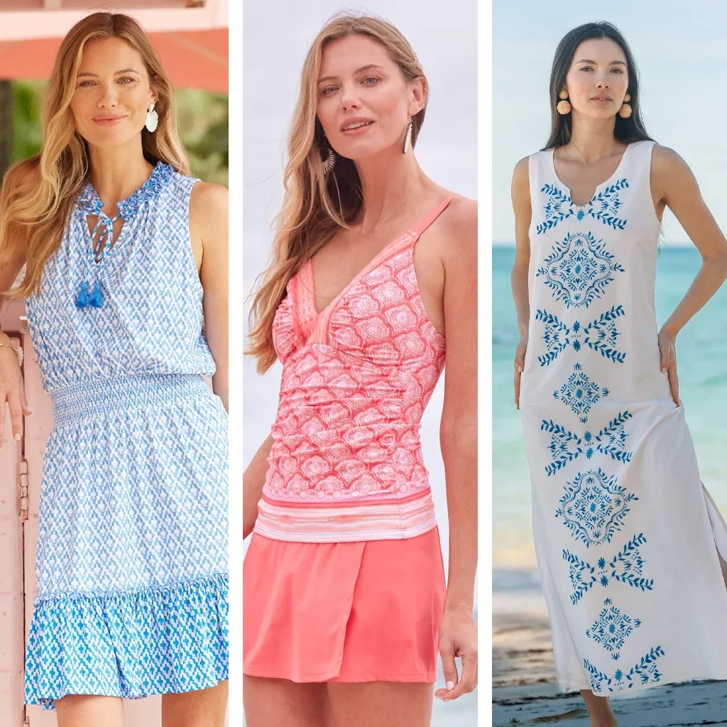 Three women modeling colorful summer dresses and tops from Cabana Life's Best Sellers collection in blue and coral designs.
