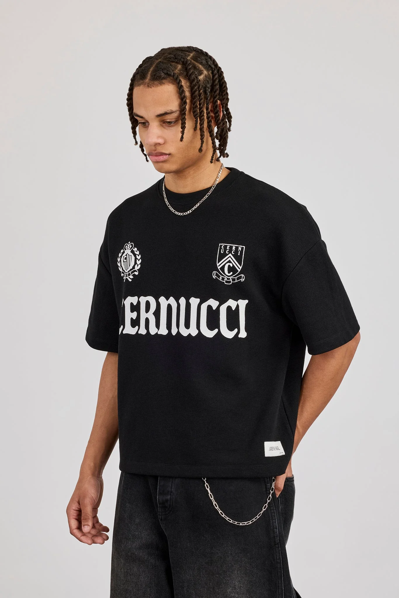 Image of Boxy Waffle Print T-Shirt - Black