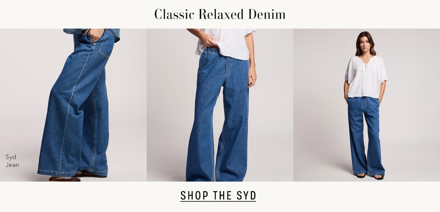 Image shows a model wearing the Syd Classic Jeans in Classic. Text Reads: Classic Relaxed Denim, Shop the Syd