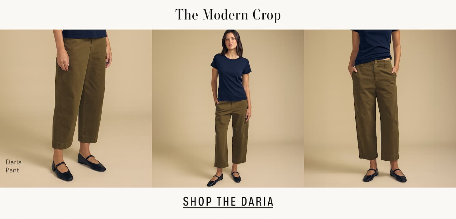 Image shows a model wearing the Daria Pants in Musk. Text Reads: The Modern Crop, Shop the Daria
