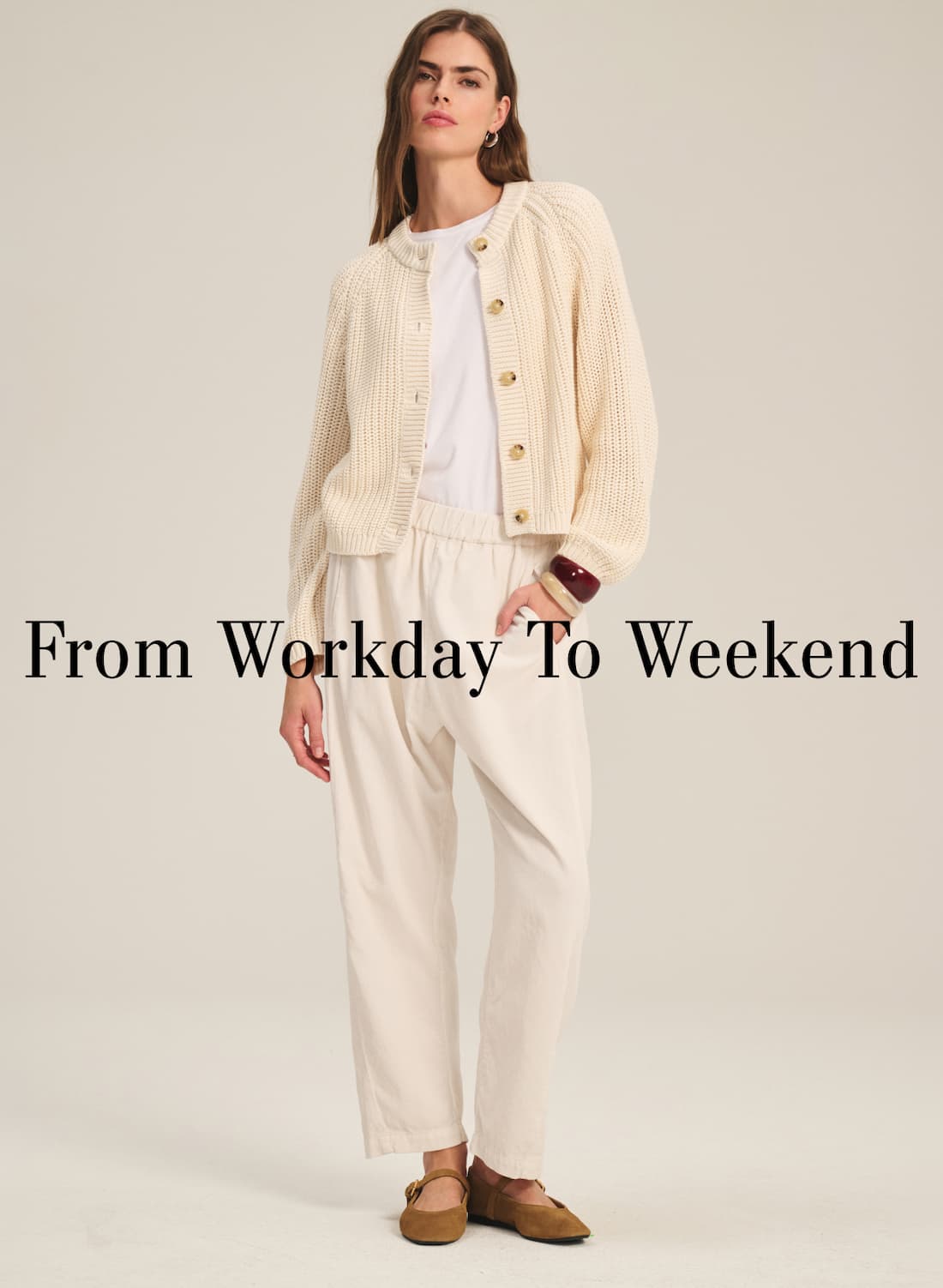 Image shows a model wearing the Laney Corduroy Pants in Beach. Text Reads: From Workday to Weekend