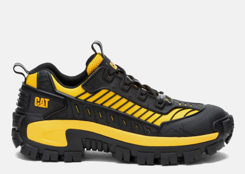 CAT Footwear - Men's Invader Mecha Composite Toe Work Shoe - Black/Cat Yellow colorway.