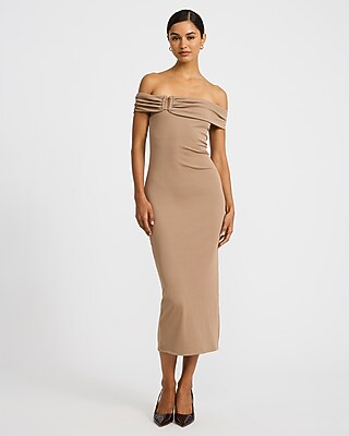 Ribbed Off The Shoulder Hardware Midi Knit Dress