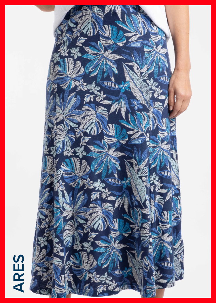 Ares Printed Jersey A-Line Maxi Skirt Blue Indigo