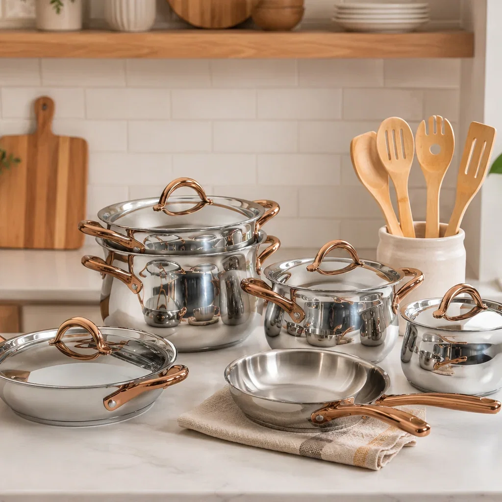 BergHOFF cookware collection featuring stainless steel pots, pans, and wooden utensils on a kitchen counter.