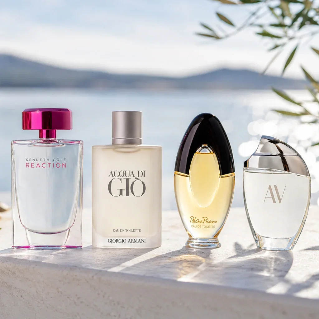 Four luxury fragrance bottles displayed on a beach with mountains and water in the background.