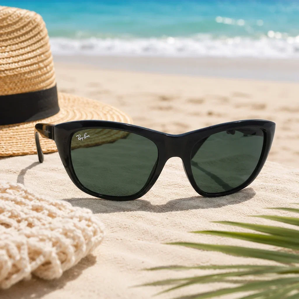 Ray-Ban black sunglasses with green lenses on sandy beach next to straw hat and palm fronds
