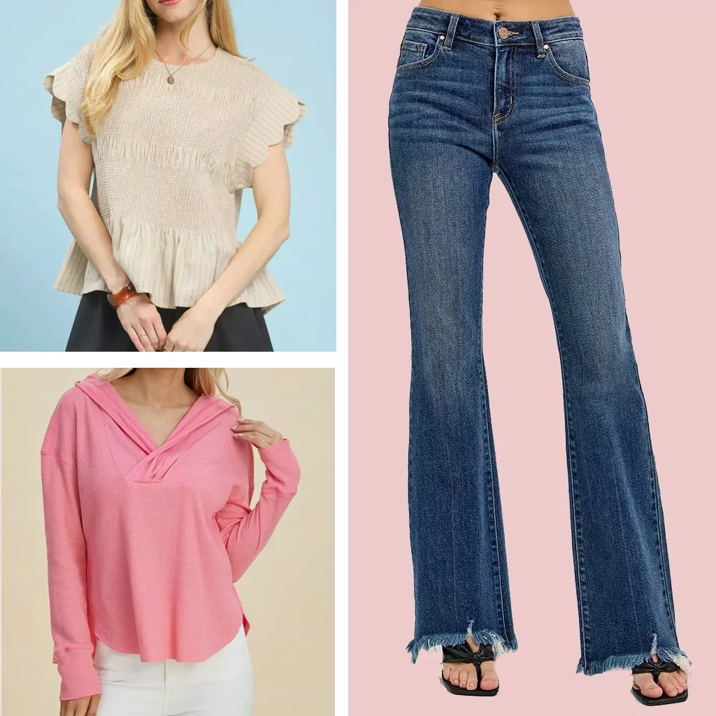 Three women's clothing items: cream ruffled top, pink hoodie, and dark blue flared jeans with frayed hem.