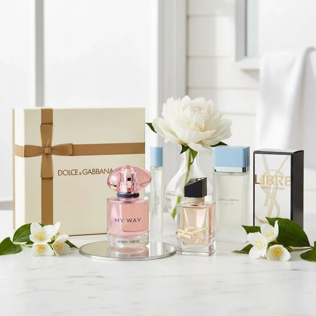 Luxury fragrance collection featuring Dolce & Gabbana perfumes with gift box, flowers, and elegant bottles displayed on marble surface.