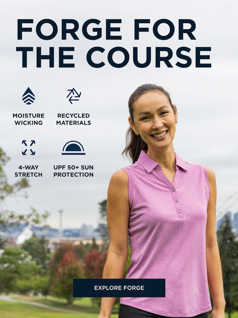 Woman wearing pink tank Forge Polo playing golf smiling | Explore Forge