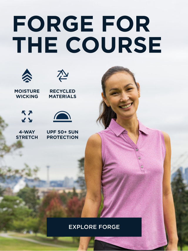 Woman wearing pink tank Forge Polo playing golf smiling | Explore Forge
