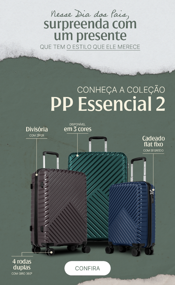 Conheça a coleção PP ESSENCIAL 2, Malas em polipropileno com divisória com zíper, disponível em 3 cores, cadeado flat fixo com segredo, 4 rodas duplas com giro 360º