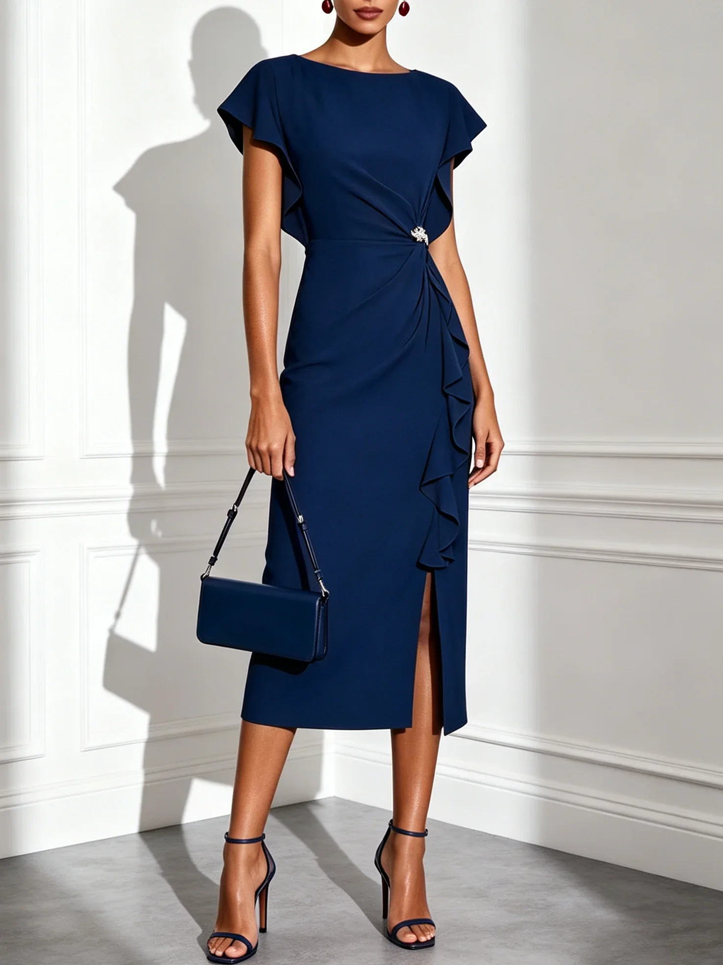 Navy Blue Ruffled Classic Crew Neck Short Sleeve Sheath Midi Dress