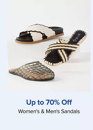 Up to 70% off womens and mens sandals. Shop now. Various pairs of sandals.