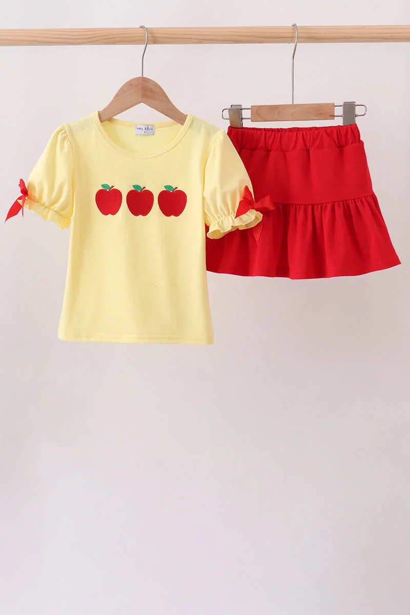 Image of Yellow Apple Crayon Embroidered Girls Skorts Set