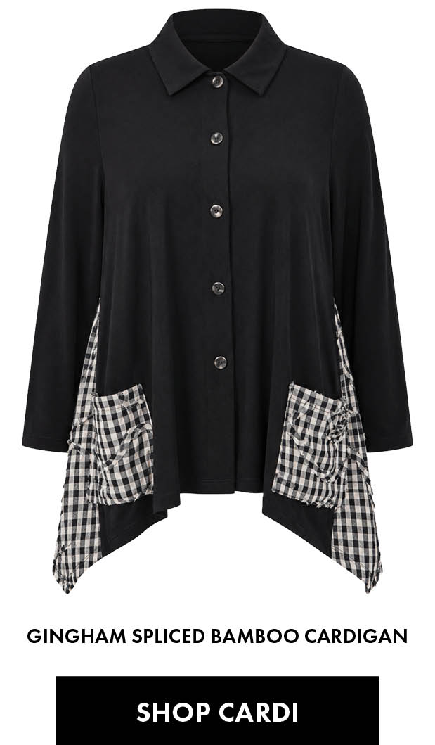 Gingham Spliced Bamboo Cardigan in Black Beige Check