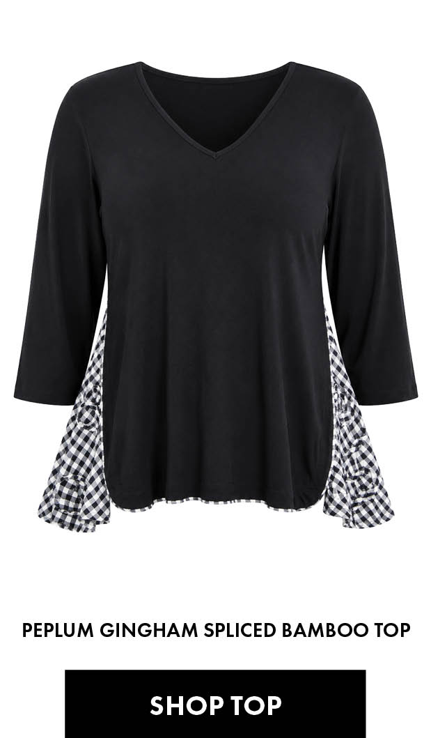 Peplum Gingham Spliced Bamboo Top in Black Beige Check